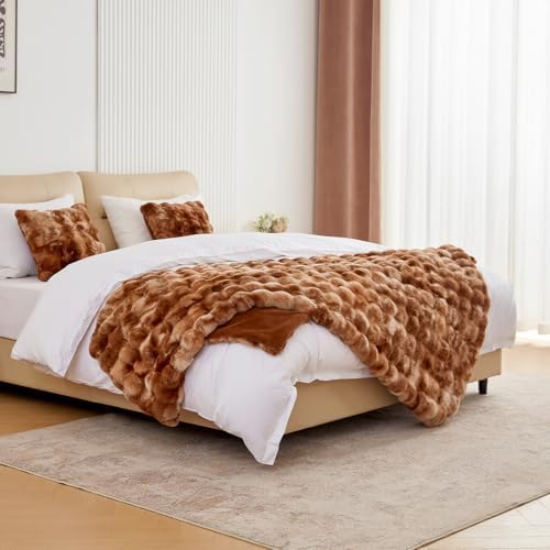 BENVWE Faux Fur Throw Blanket for Couch - Fluffy Soft Thick Bubble Blanket for Living Room Home Decor - Fathers Day Birthday Gifts for Women Men, Tie-dye Caramel, 50" x 60" - Image 5