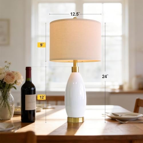 USumkky 24" White Oval Ceramic Table Lamp Set of 2, Modern Minimalist Bedside Nightstand Lamps for Bedroom Living Room, Linen Shade & Gold Metal Base, Rotary Switch E26 (Bulbs Excluded) - Image 4