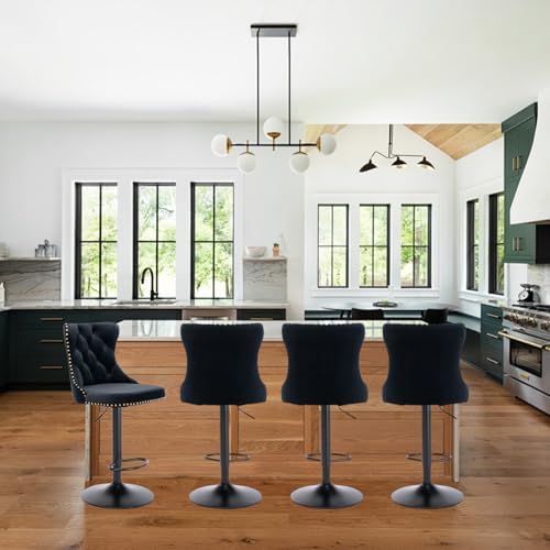 SoarFlash Velvet Bar Stool Set of 4, Adjustable Swivel Bar Stools with Black Metal Leg, Button Tufted, Footrest, Chrome Nailhead, Counter Height Chair for Kitchen, Bar, Dining Room (Black) - Image 3