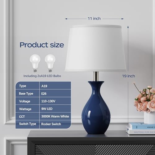 PARTPHONER Table Lamp Set of 2, Modern Ceramic Bedside Lamps for Night Stands, Classic Small Lamp Nightstand Lamp for Bedroom Living Room Desk End Table Rocker Navy Blue - Image 2
