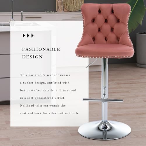SoarFlash Velvet Bar Stool Set of 6, Adjustable Swivel Bar Stools with Silver Plated Metal Leg, Button Tufted, Footrest, Chrome Nailhead, Counter Height Chair for Kitchen,Dining Room (Pink) - Image 6