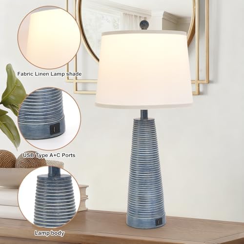 Terpsichore Nightstand Lamp Bedside Lamps Vintage Rustic Farmhouse Table Lamp 3 Way Dimmable Horizontal Stripe Light,for Living Room Bedroom,USB A+C (Navy Blue (Single-Pack), High 27 Inch) - Image 3