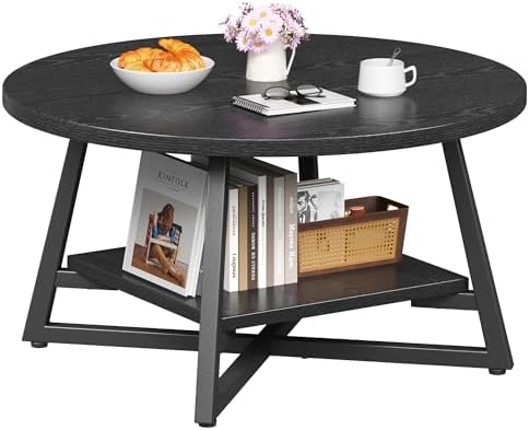 Coffee Table for Living Room, Round Coffee Table, Small Circle Coffee Table with Storage, Modern Wood Round Center Table for Home Office, Small Space, Easy Assembly, Black by Homeiju