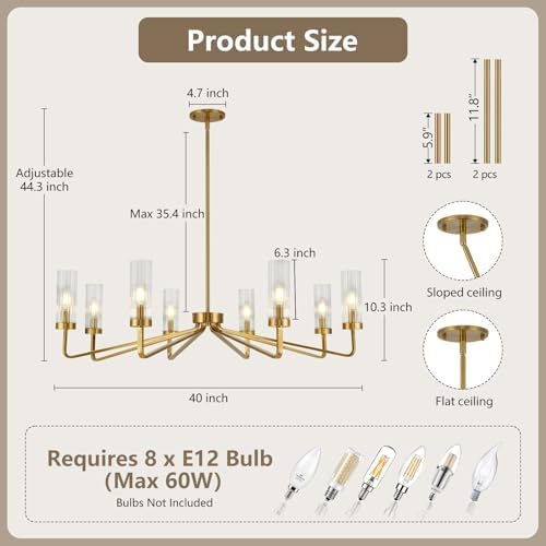Modern Brushed Gold 8‑Light Chandelier for Living Room, 40" Diameter - Image 5