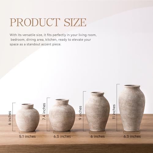 Vanselia Ceramic Flower Vase Home Decor - Small Farmhouse Table Vases Rustic Vintage Living Room Kitchen Bedroom Decorations for House Book Shelf Office Coffee Desk Dining Fireplace (6" Retro) - Image 3