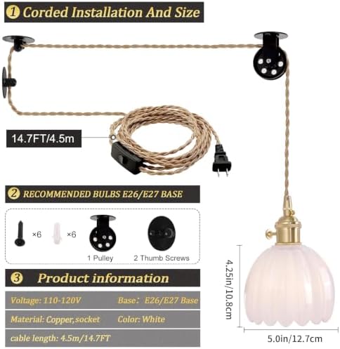 Shenmoyl Plug in Pendant Light Hanging Light Fixture Corded On/Off Switch Brass Pendant Light with White Tulip Glass Lampshade for Bedroom Living Room Kitchen Island - Image 6