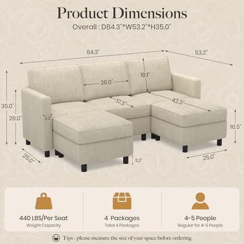 Belffin 84.3" 5 Seats U Shaped Couch Modular Sectional Sofa Washable Sectional Couches for Living Room Comfy Couches with Storage Seat Couch Sofas with Chaise,Beige - Image 2
