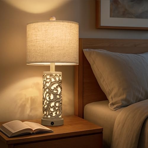 OYEARS 22'' Farmhouse Table Lamp for Living Room, Bedside Lamp with 2 USB Ports for Bedroom, Rustic Nightstand Lamp with Linen Lampshade for Office Hallway Home Decor, Distressed Grey (Bulb Included) - Image 2