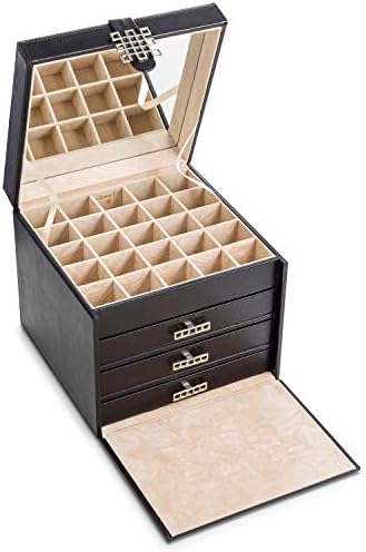 Glenor Co Earring Organizer Holder - 75 Small & 4 Large Slots Classic Jewelry Box with Drawer & Modern Closure, Mirror, 4 Trays Earrings, Ring or Chain Storage - PU Leather Case - Black - Image 3
