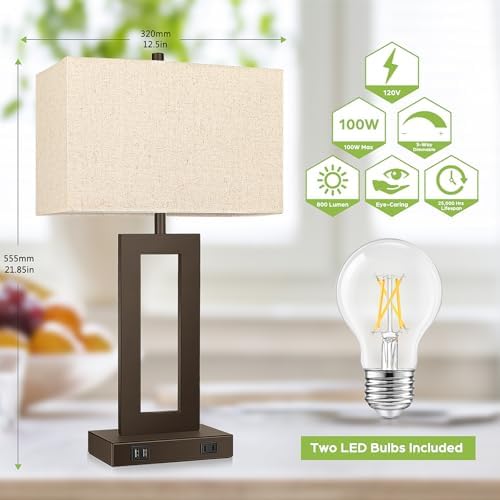 TOBUSA 22" Brown Modern Table Lamp Set of 2 with 2 USB Ports&AC Outlet - Image 4