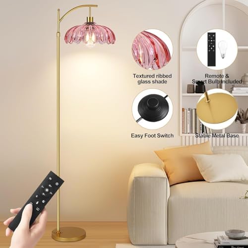 Gold Arc Floor Lamp for Living Room Bedroom,Mid Century Modern Standing Lamp with Remote,Dimmable Brass Tall Lamp Pink Flower Glass Lamp,Adjustable Vintage Floor Lamps Floor Light for Corner Office - Image 3