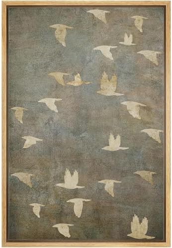 NWT Framed Canvas Print Wall Art Grunge Gold Flying Bird Collage Nature Wilderness Illustrations Modern Art Decorative Landscape Rustic Colorful for Living Room, Bedroom, Office - 16"x24" Natural by NWT