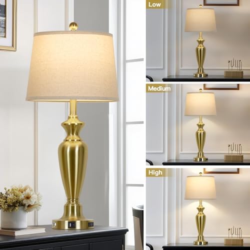 Cinyirong 30" Tall Gold Table Lamp for Living Room, 3-Way Dimmable Touch Control Bedside Lamp for Bedroom Nightstand with USB A+C Ports & AC Outlet (1 Pack) - Image 4