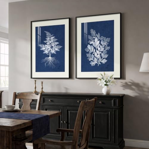 Large Framed Vintage Navy Blue Botanical Wall Art for Living Room, 2 Piece - Image 3