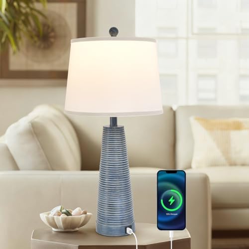 Terpsichore Nightstand Lamp Bedside Lamps Vintage Rustic Farmhouse Table Lamp 3 Way Dimmable Horizontal Stripe Light,for Living Room Bedroom,USB A+C (Navy Blue (Single-Pack), High 27 Inch) by Terpsichore