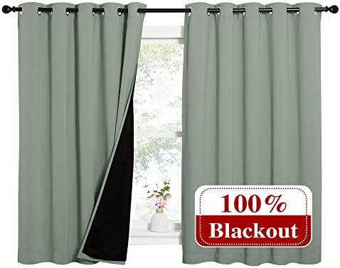 NICETOWN Greyish Green 100% Blackout Lined Curtains, 2 Thick Layers Completely Blackout Window Treatment Thermal Insulated Drapes for Kitchen/Bedroom (1 Pair, 62" Width x 63" Length Each Panel) - Image 2