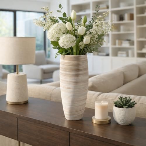 Tapered Cylinder Vase for Home Decor - 3D Printed Porcelain Flower Pots for Bathroom Counter, Bedroom, Kitchen, and Living Room Centerpiece - Ceramic Accent for Office Shelf - 18", Tan & Ivory by NESSANDJORD