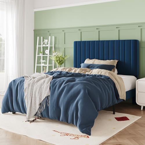 Allewie Twin Bed Frame, Velvet Upholstered Platform Bed with Adjustable Vertical Channel Tufted Headboard, Mattress Foundation with Strong Wooden Slats, Box Spring Optional, Easy Assembly, Navy Blue by Allewie