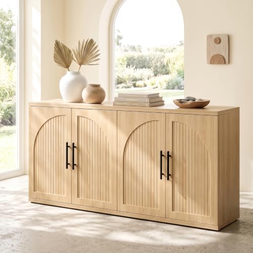 Jocoevol 63" Fluted Oak Buffet Cabinet Sideboard with Storage, Large Credenza with 4 Doors, Wood Mid Century Modern Sideboard for Kitchen and Living Room (63" W*31.5" H*15.8" D) by JOCOEVOL