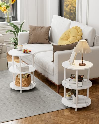 XBurmo Round Coffee Table for Living Room - Narrow Side or Bedside Stand, Industrial Vintage Nightstand for Bedroom, or Small Spaces, Marble White - Image 5
