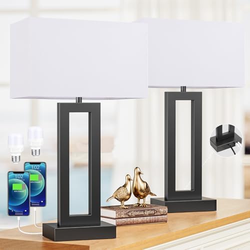 Seealle 22" Tall Living Room Lamps for Night Stands - Touch Bedside Lamp with USB C+A, 3 Way Dimmable Bedroom Lamps for End Tables Set of 2, Modern Night Stand Lamps for Bed Side(White&Black) by SeealleLighting
