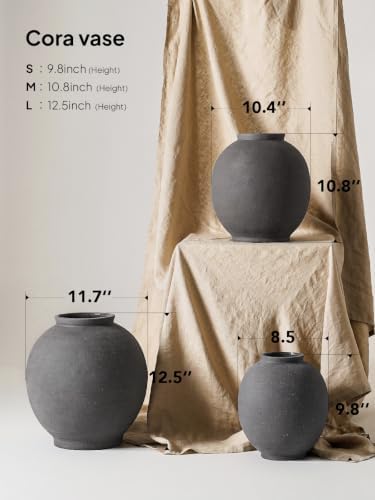 Black Ceramic Vase - Large 12.5 Inch Round Floor Vase for Centerpieces, Farmhouse Flower Vases, Rustic Minimalist Home Decor,Sandstone Dark Grey - Image 3