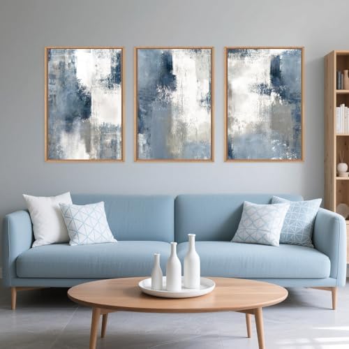 LHIUEM Large Abstract Brush Strokes Framed Canvas Wall Art Set,Navy Blue and Gray Wall Decor,Modern Color Block Shape Artwork,Minimalist Neutral Blue Printing for Living Room,Bedroom, Office-16''x24''x3 - Image 2