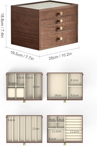 CHOSIN Black Walnut Jewelry Box for Women, 4-Layer Wooden Organizer with Glass Lid, for Watches, Necklaces, Rings & Earrings Storage Christmas Gifts - Image 6