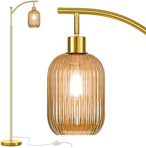gernehop Glass Floor Lamp for Living Room, Modern Gold Standing Lamp with Ribbed Glass Lampshade Pedal Switch, 67” Tall Lamp for Bedroom Study Room by gernehop