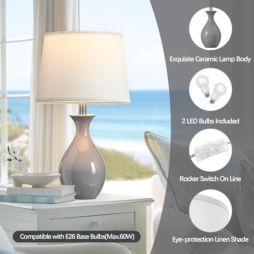 PARTPHONER Table Lamp Set of 2, Modern Ceramic Bedside Lamps for Night Stands, Classic Small Lamp Nightstand Lamp for Bedroom Living Room Desk End Table Rocker Swtich Grey - Image 3