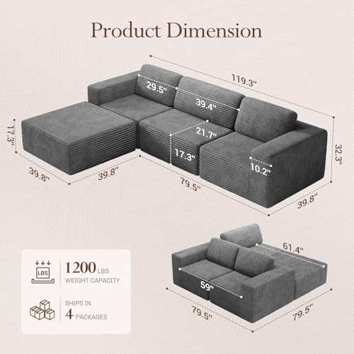 Vesgantti 119" L-Shaped Modular Sectional Sofa, Corduroy Cloud Couch with Deep Seating & Spring Support, Flexible Layout Sofa with Ottoman, Boneless Style, No Assembly Required, Grey - Image 2