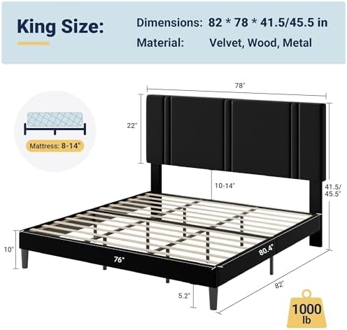 Allewie King Size Platform Bed Frame with Velvet Upholstered Headboard - Image 2