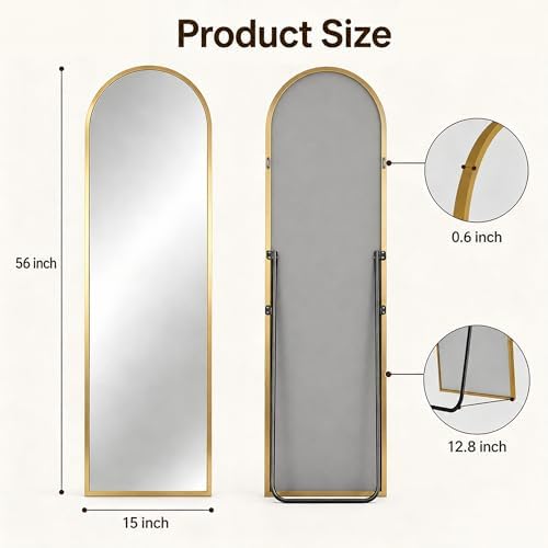 Antok Full Length Mirror, 56"x14" Floor Mirror with Stand, Gold, Arched - Image 7