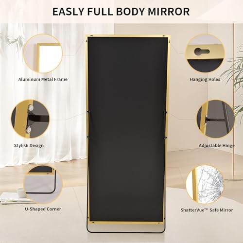 Easly Full Length Mirror with Stand 34"x76" Full Body Mirror Floor Mirror Standing Hanging or Leaning Wall, Wall Mirror with Stand Aluminum Alloy Frame for Living Room Bedroom Cloakroom,Gold - Image 5