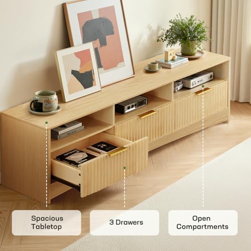 Marsail Fluted TV Stand for 65 inch TV, Modern Entertainment Center with Drawers, Boho TV Stands Wood Media Console Cabinet with Storage and Shelves, TV Consoles for Living Room, Bedroom, Oak - Image 5