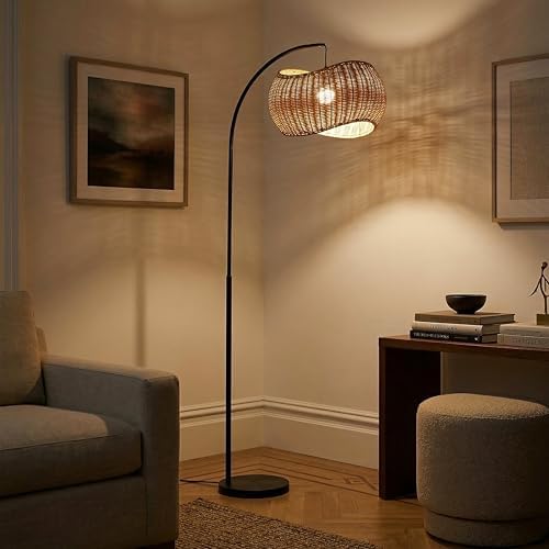 Brightech Wave Arc Floor Lamp - Chic Standing Lamp with Unique Hanging Wicker Pendant Shade for Living Room, Boho Rattan Natural Decor Lamp, Arcs Over Sofa, Bedroom & Office Desk for Reading - Black - Image 4