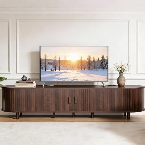 90" Mid Century Modern TV Stand, Wood TV Consoles with Sliding Doors and Power Outlet, Entertainment Center with Adjustable Shelves, Fluted TV Stands for Living Room, Walnut - Image 6