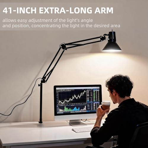 Black Desk Lamp with Clamp, Extra-Tall Adjustable Metal Swing Arm, 2 Pack - Image 6