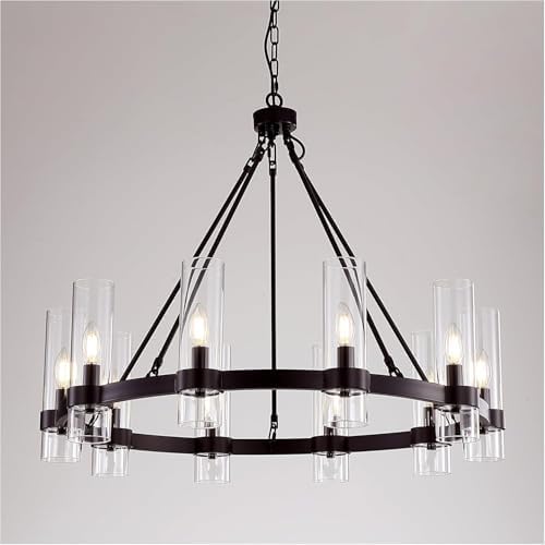 32 Inch Black Wagon Wheel Chandelier with Glass Shade, 10 Lights, Modern Farmhouse Style, Ideal for Dining Room, Kitchen, Entryways by AEULYTIR