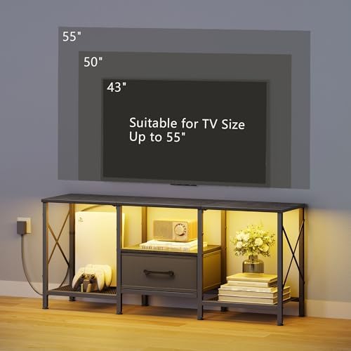 JARHETUN LED TV Stand with Fabric Drawer, Entertainment Center for 50 55 Inch TV, Industrial TV Console Table with Open Storage Shelves for Living Room, Bedroom, Black - Image 2