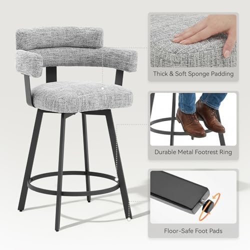 Counter Height Bar Stools with Full Back – Swivel Counter Stools Set of 2 with Linen Padded Back, Metal Footrest, Modern Barstools for Kitchen Counter, Island, Dining Room, Grey 24 inch - Image 5
