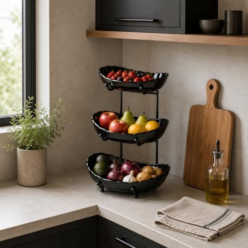 HBlife 3 Tier Fruit Bowl, Ceramic Fruit Basket for Kitchen Counter - Image 2