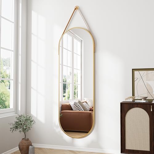 Full Length Mirror, Oval Wall Mounted Mirror, 48"x16" Door Mirrors with Hanging Leather Strap, Wall Mirrors Full Length with Aluminum Frame for Bathroom Living Room Entryway (Gold) by ZMYCZ