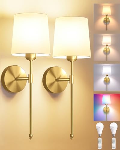 Battery Operated Wall Sconces Set of 2, Remote Control, RGB Bulb, Gold by Ouyulong