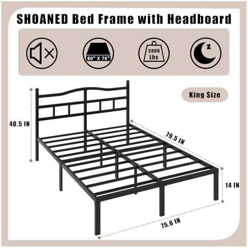 SHOANED Metal Bed Frame with Headboard - 14 Inch King Size Heavy Duty Bedframe Black Basic Steel Slats Platform No Box Spring Needed/Easy Assembly/Noise Free - Image 2