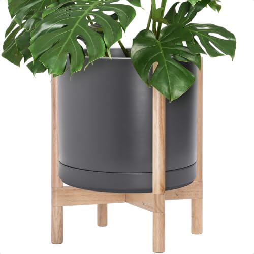 D'vine Dev Ceramic Pot with Natural Wood Stand, Grey, 14 in, 55-B-R-3 by DvineDevPlanterPotsandStand
