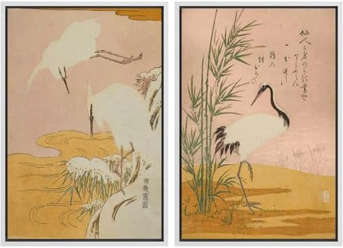 SIGNWIN Framed Canvas Print Wall Art Set Japanese Crane Vintage Style Bird and Bamboo Illustrations Modern Art Rustic Minimal for Living Room, Bedroom, Office - 24"" x36 x2 White by SIGNWIN