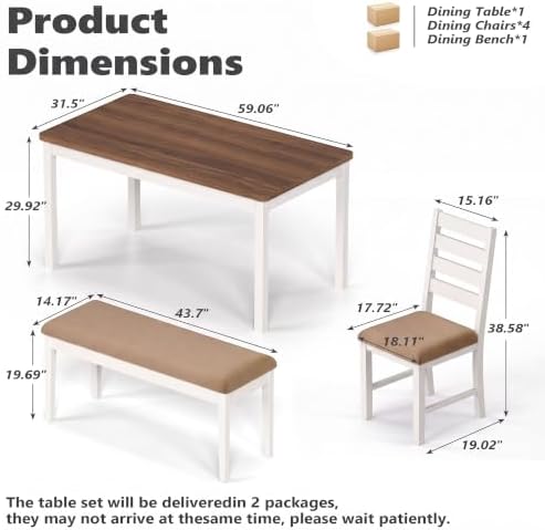 ROCSUMOO 6-Piece Dining Table and Chair Set with 4 Chairs & 1 Bench, Brown - Image 2