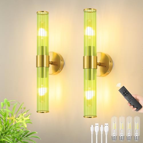 Morauroral Gold Battery Operated Wall Sconces Set of 2, Rechargeable Wall Lights with Remote Control, 20 Inch Modern Wireless Wall Lamp for Bedroom, Living Room with Green Shade (Bulbs Included) by Morauroral