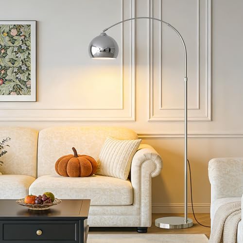 Glossy Chrome Silver Arc Floor Lamp with 12W LED Remote Dimming - Image 2